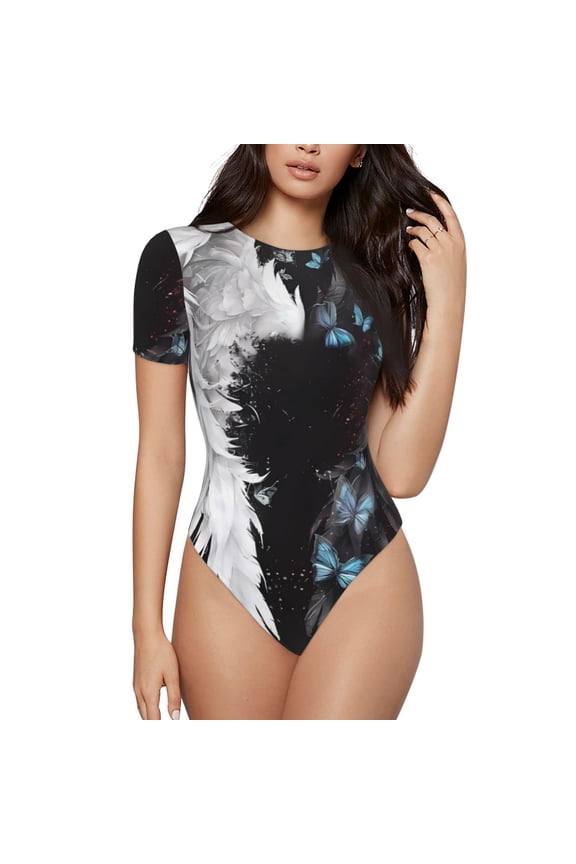 Butterfly Angel Wings Art Prinr Short Sleeve Body suit for Womens, Sexy Onesie One Piece Round Neck Bodysuit Shapewear Tummy Control-Large