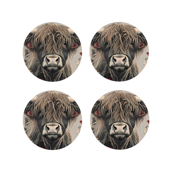 Vsdgher Butterfly Cow With Flowers Leather Coasters for Drinks, Durable Drink Coasters 4 Set for Tabletop Protection, Luxurious Home Décor and Housewarming Gift-Round Shape