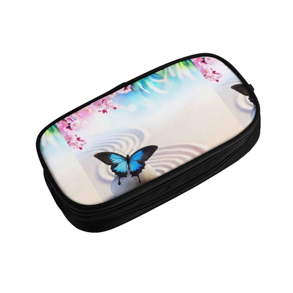 Vsdgher Butterfly In Blossoms Zen Print Large Capacity Pencil Case Pouch with Zipper, Portable Aesthetic Big Capacity Pencil Cases Pen Office Travel Stationery Bag