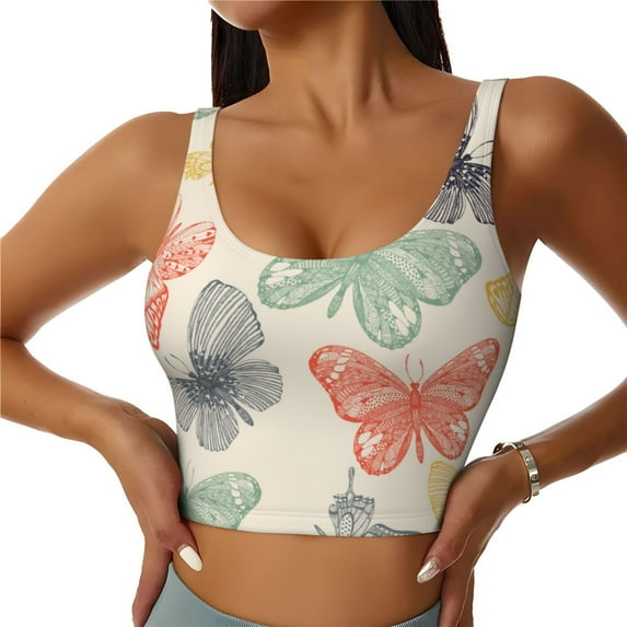 Vsdgher Butterfly Print Women Sleeveless Athletic Tank Top Built-in Bra Camisole Sports Vest for Yoga Running Fitness Exercise with Removable Pads
