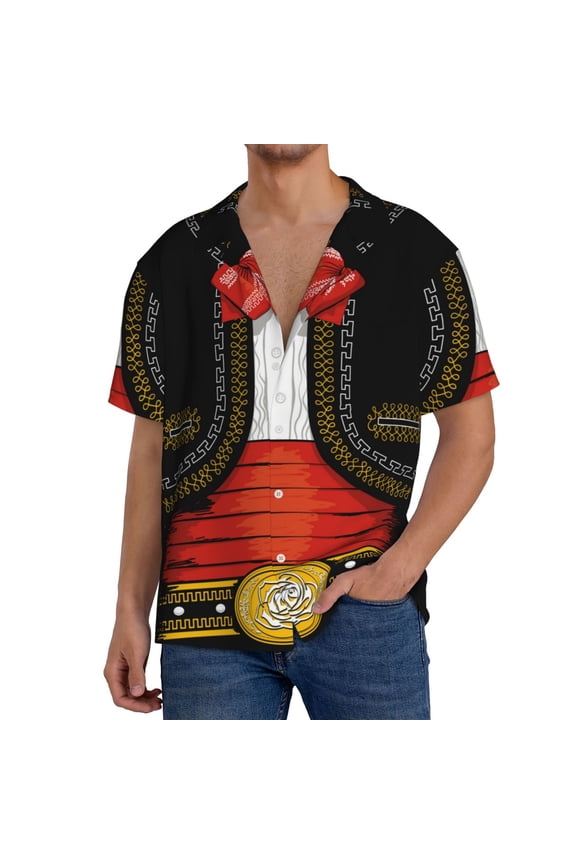 CHARRO SUIT Men's Cuban Shirt, Hawaiian Shirts, Business Casual Button Down Shirts, Short Sleeve Shirt-Large