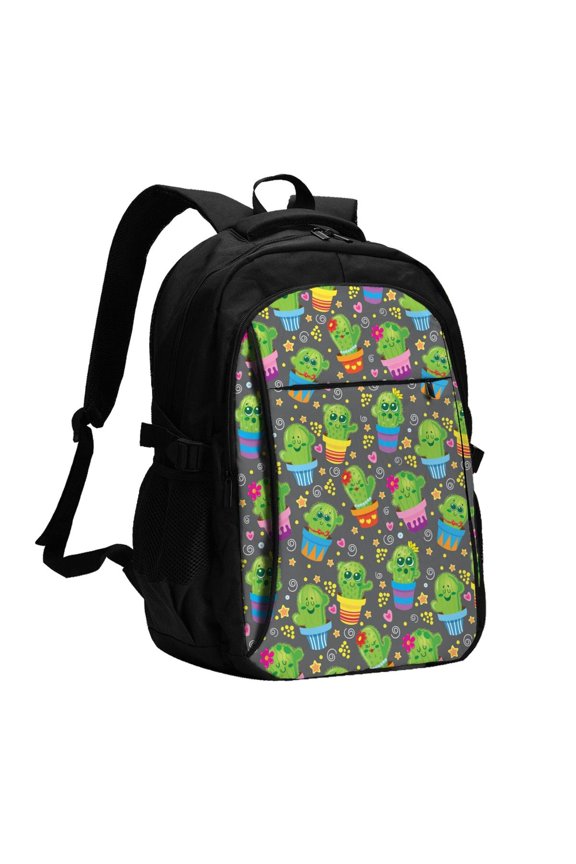 Cactus In Pots Print Travel Laptop Backpack, Laptops Backpack with USB Charging Port, Water Resistant Computer Bag Gift for Men & Women