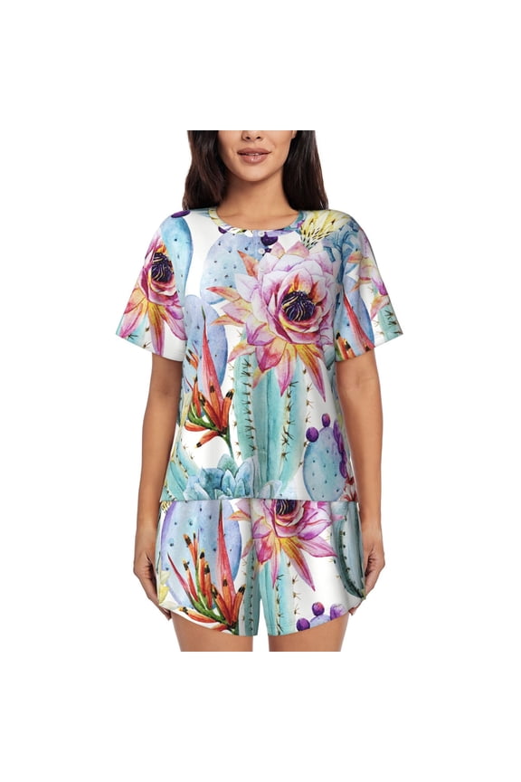 Cactus Pattern Womens Pajamas 2 Piece Short Sleeve Sleepwear Set,Summer Soft Pajamas Set Casual Lounge Sets, 2-Piece Pj -3X-Large