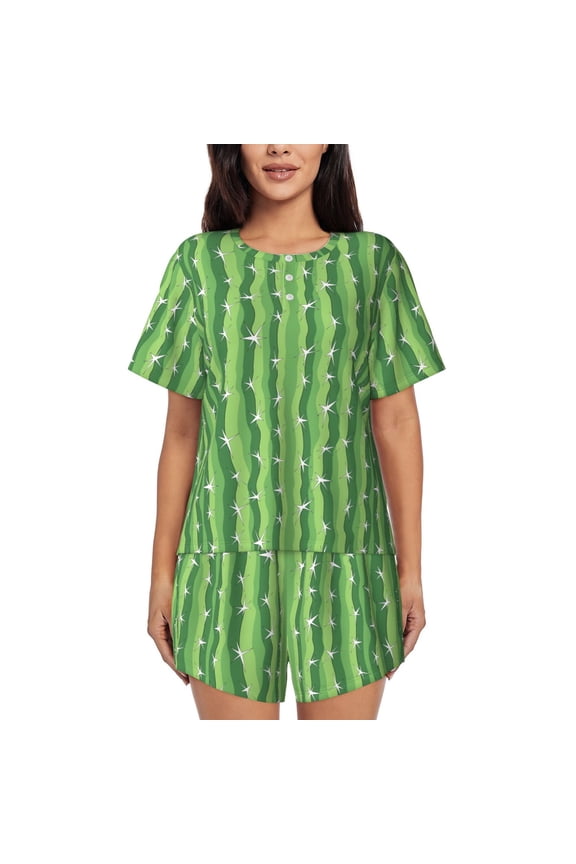 Cactus Pattern Womens Pajamas 2 Piece Short Sleeve Sleepwear Set,Summer Soft Pajamas Set Casual Lounge Sets, 2-Piece Pj -3X-Large