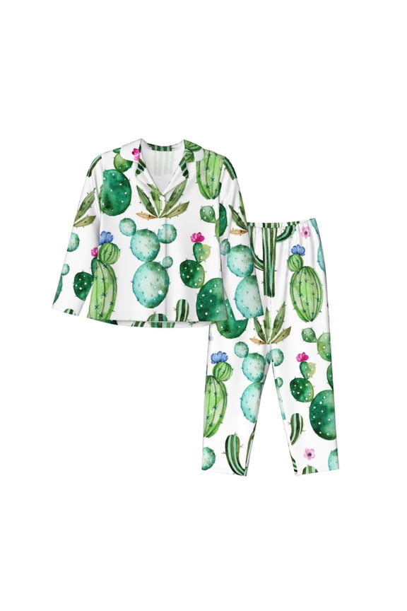 Cactus Plants1 Pajamas Set Long Sleeve Sleepwear Womens Button Down Nightwear Pj Sets-Medium