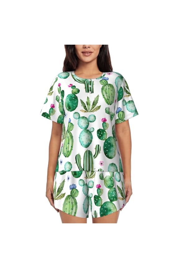 Cactus Plants1 Pattern Womens Pajamas 2 Piece Short Sleeve Sleepwear Set,Summer Soft Pajamas Set Casual Lounge Sets, 2-Piece Pj -Large