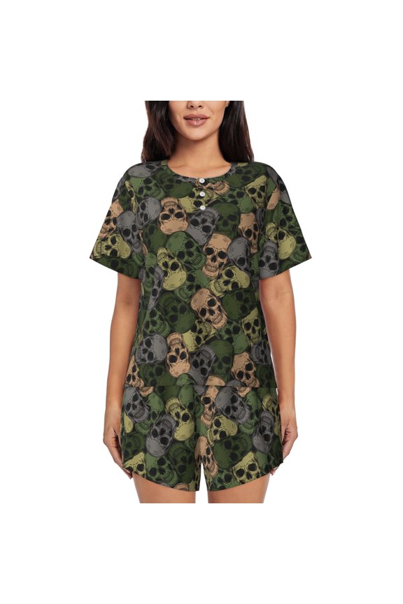 Camouflage Skulls Pattern Womens Pajamas 2 Piece Short Sleeve Sleepwear Set,Summer Soft Pajamas Set Casual Lounge Sets, 2-Piece Pj -4X-Large