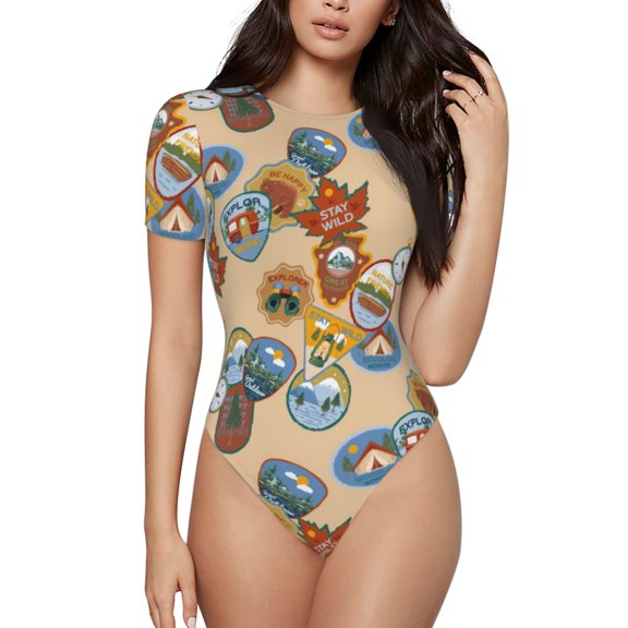 Vsdgher Camp Badge Prinr Short Sleeve Body suit for Womens, Sexy Onesie One Piece Round Neck Bodysuit Shapewear Tummy Control-XX-Large