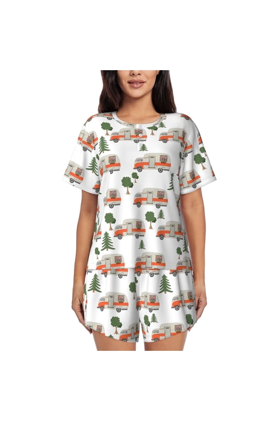 Camp Van Pattern Womens Pajamas 2 Piece Short Sleeve Sleepwear Set,Summer Soft Pajamas Set Casual Lounge Sets, 2-Piece Pj -3X-Large