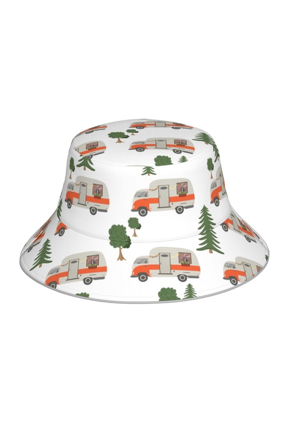 Camp Van Print Bucket Hat for Men&Women Bucket Hat Reversible Summer Double-Side-Wear Travel Gardening, Beach, Camping, Hiking, Fishing Cap