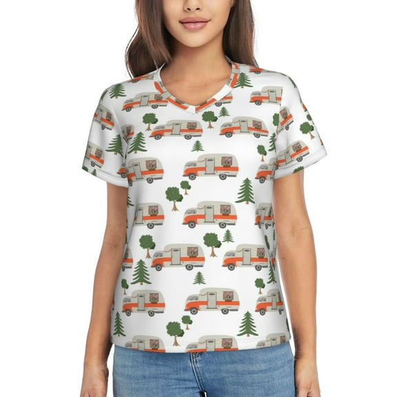 Vsdgher Camp Van Women Shirts V Neck Short Sleeve Tops T-Shirt Basic Tees, S to 3XLSmall