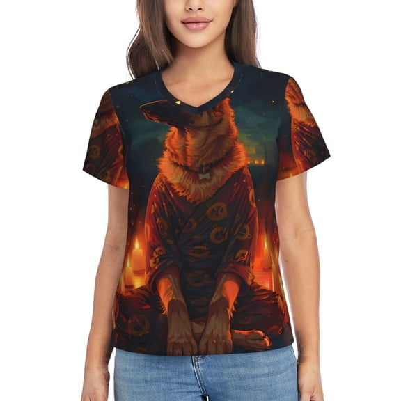 Vsdgher Candle Shepherd Dog Women Shirts V Neck Short Sleeve Tops T-Shirt Basic Tees, S to 3XLLarge