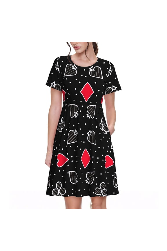 Card Suits for Womens Summer 2025 Casual Midi Maxi Dresses Lightweight Short Sleeve Round Neck Beach Dress -Small