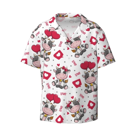 Vsdgher Caring Cow Print Men's Wrinkle Free Untucked Cuban Shirt Business Casual Button Down Shirts Short Sleeve Shirt