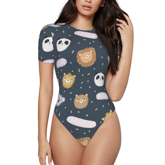 Vsdgher Cartoon Animals Prinr Short Sleeve Body suit for Womens, Sexy Onesie One Piece Round Neck Bodysuit Shapewear Tummy Control-XX-Large