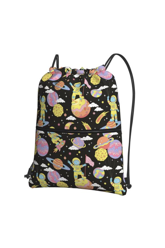 Cartoon Astronaut In Spacesuit Drawstring Backpack Water Resistant String Bag Sports Sackpack Gym Sack for Men Women
