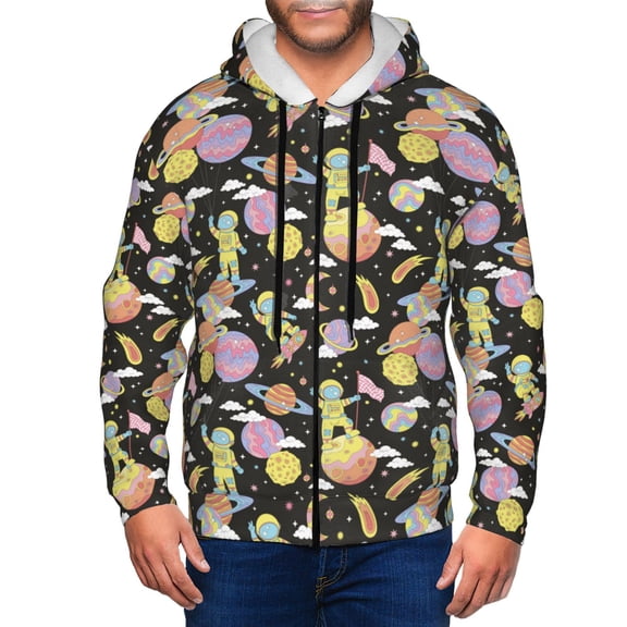 Vsdgher Cartoon Astronaut In Spacesuit Mens Hoodies Zip Hoodie, Hoodies for Men, Zip-up Hooded Sweatshirt-XX-Large