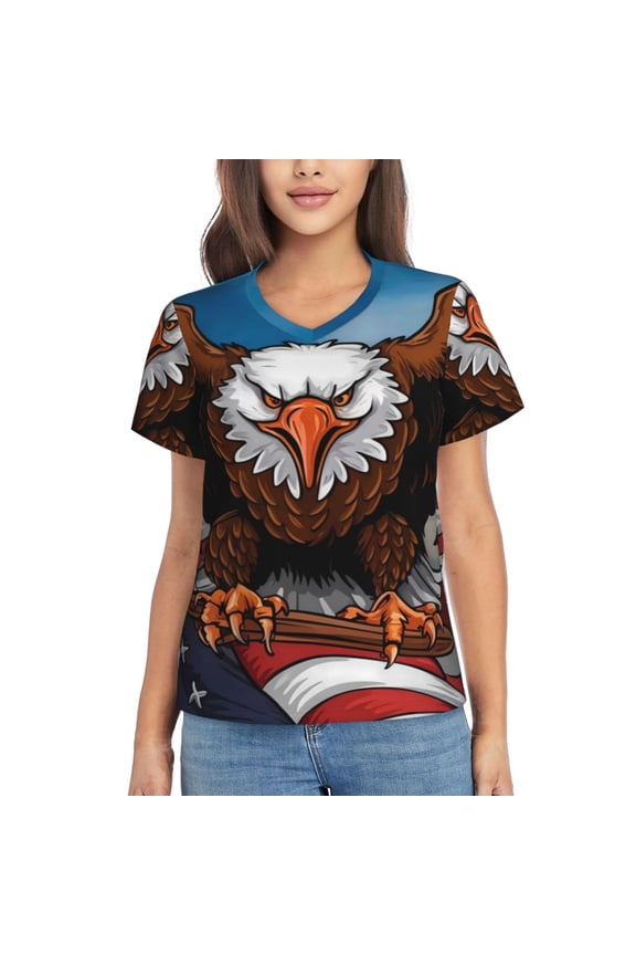 Cartoon Bald Eagle USA Women Shirts V Neck Short Sleeve Tops T-Shirt Basic Tees, S to 3XLSmall