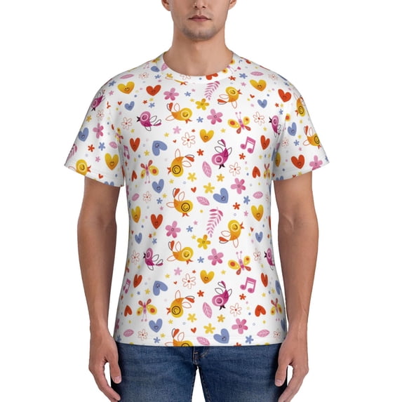 Vsdgher Cartoon Birds & Flowers Print Men's Dry Fit Mesh Athletic Shirts Moisture Wicking Tennis T-Shirt Tops