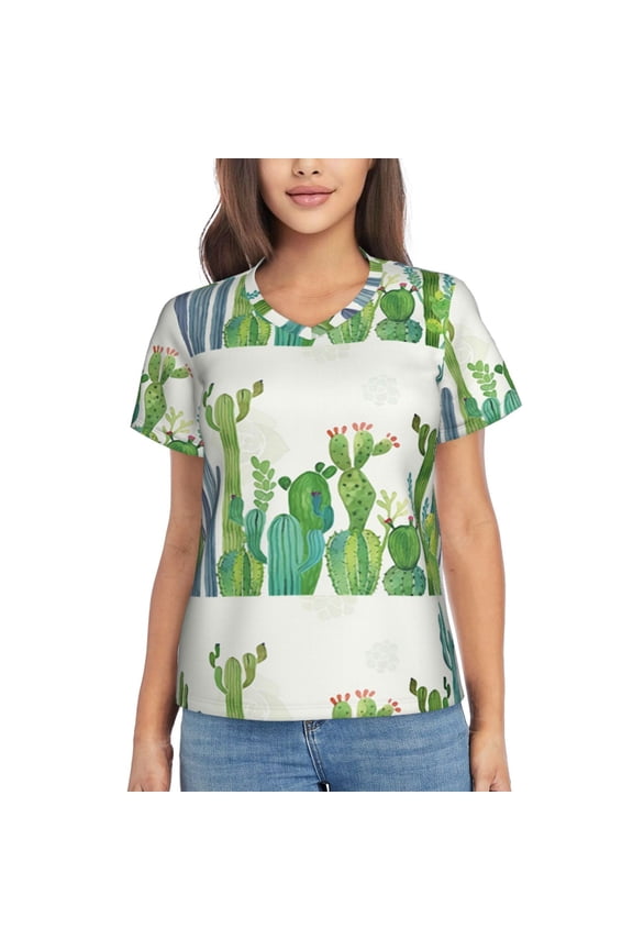Cartoon Cactus Women Shirts V Neck Short Sleeve Tops T-Shirt Basic Tees, S to 3XLLarge