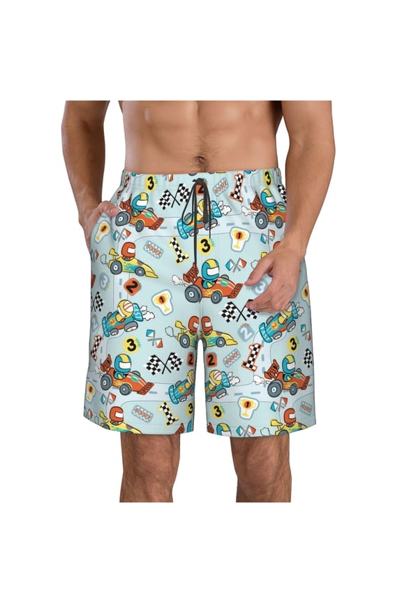 Cartoon Car Racing Men's Beach Shorts, Surfing shorts, Swim trunks, Quick Dry Swim Trunks for Surfing Beach Fun -Large