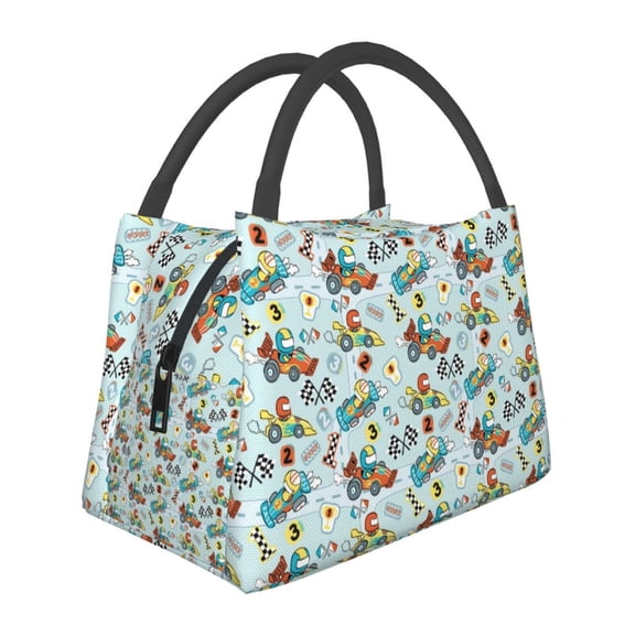Vsdgher Cartoon Car Racing Print Insulated Reusable Bags with Sturdy Zipper and Handles, Foldable Totes for Hot or Cold Food Bring or Delivery