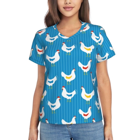 Vsdgher Cartoon Chicken Women Shirts V Neck Short Sleeve Tops T-Shirt Basic Tees, S to 3XLMedium