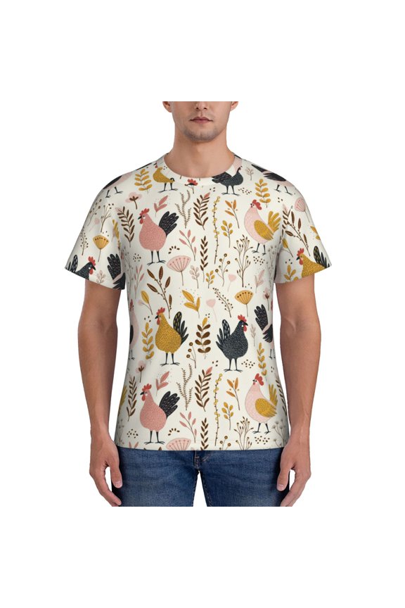 Cartoon Chickens Print Men's Dry Fit Mesh Athletic Shirts Moisture Wicking Tennis T-Shirt Tops