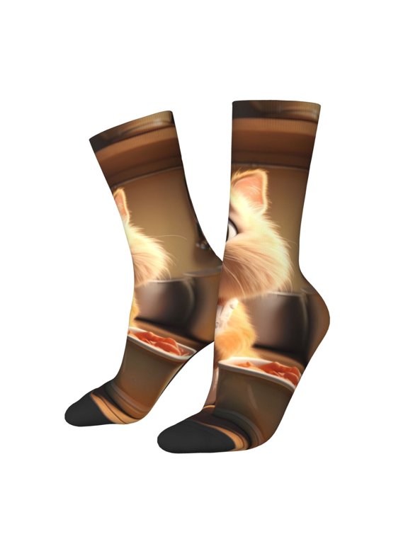 Cartoon Cooking Cat Crew Socks for Men & Women, Breathable Casual Athletic Ankle Socks