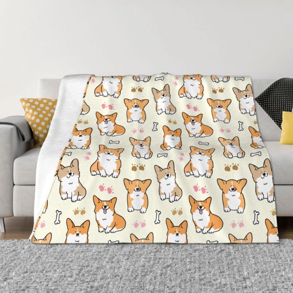 Vsdgher Cartoon Corgi Pattern Fleece Throw Blanket, Horizontal Fleece Bedding Home Decor for Couch & Bed All Season Use -50"x40"