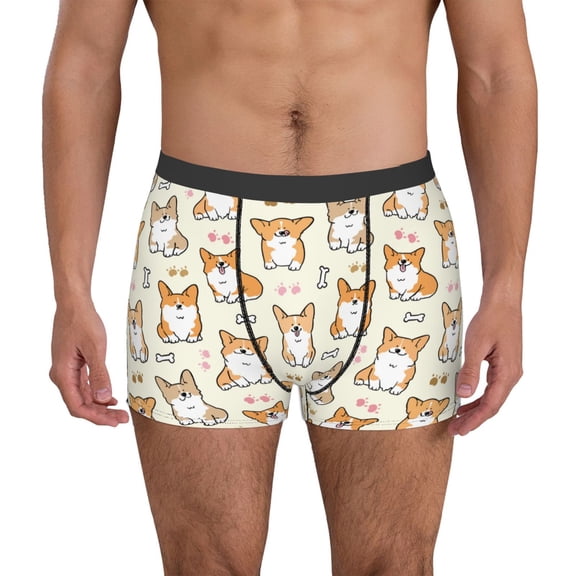 Vsdgher Cartoon Corgi Pattern Men's Boxer Brief Underwear,Soft Funny Underwear for Men-Large