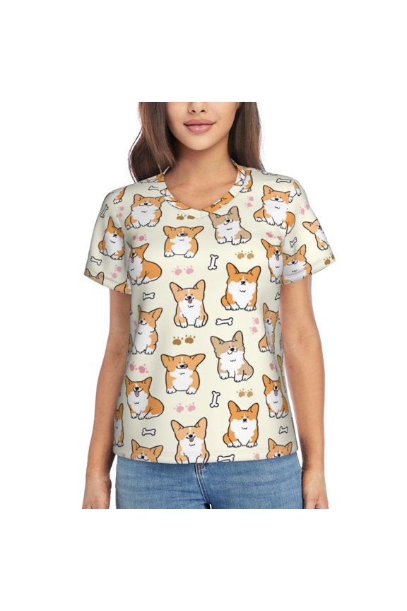 Cartoon Corgi Women Shirts V Neck Short Sleeve Tops T-Shirt Basic Tees, S to 3XLSmall