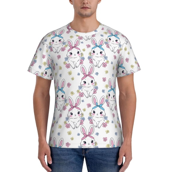 Vsdgher Cartoon Cute Rabbit Print Men's Dry Fit Mesh Athletic Shirts Moisture Wicking Tennis T-Shirt Tops