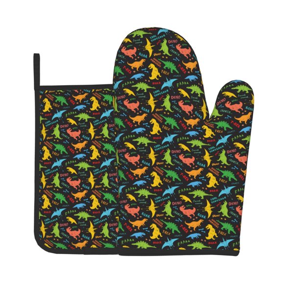 Vsdgher Cartoon Dino Oven Mitts and Pot Holders 2 pcs Set,High Heat Resistant Kitchen Oven Glove for Baking and Cooking
