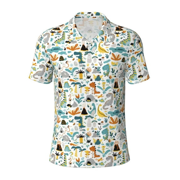 Vsdgher Cartoon Dinosaur Print Men's Short Sleeve Stretch Polo Shirt, Moisture-Wicking Performance Polo Shirt