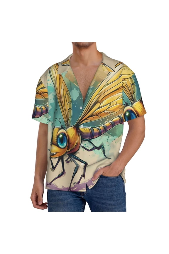 Cartoon Dragonfly Art Men's Cuban Shirt, Hawaiian Shirts, Business Casual Button Down Shirts, Short Sleeve Shirt-Large