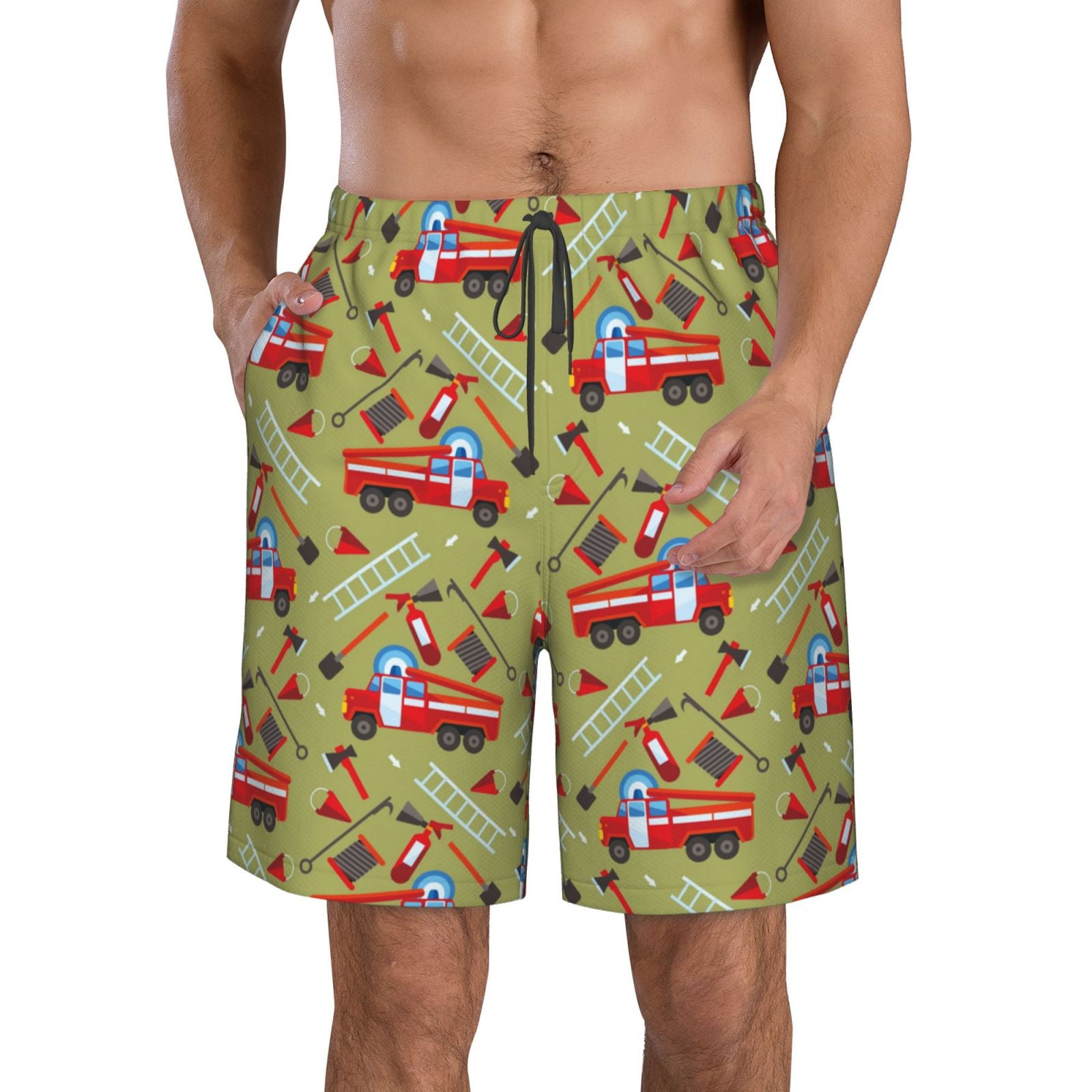 Vsdgher Cartoon Fire Truck Men's Beach Shorts, Surfing shorts, Swim trunks, Quick Dry Swim Trunks for Surfing Beach Fun -Medium