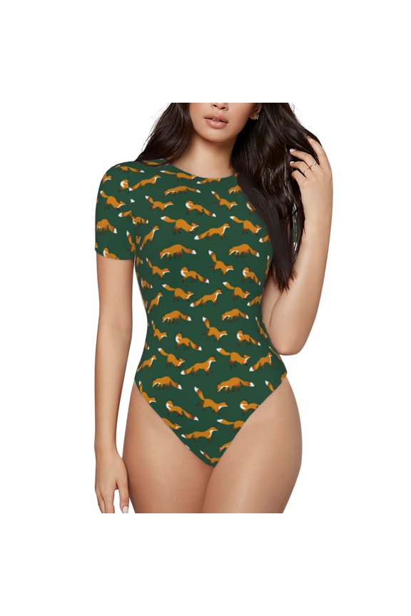 Cartoon Fox 1 Prinr Short Sleeve Body suit for Womens, Sexy Onesie One Piece Round Neck Bodysuit Shapewear Tummy Control-Medium