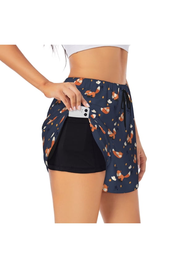 Cartoon Fox Athletic Shorts for Women, Women's Running Double Layer Shorts, High Waisted Yoga Shorts, Workout Athletic Shorts-Large