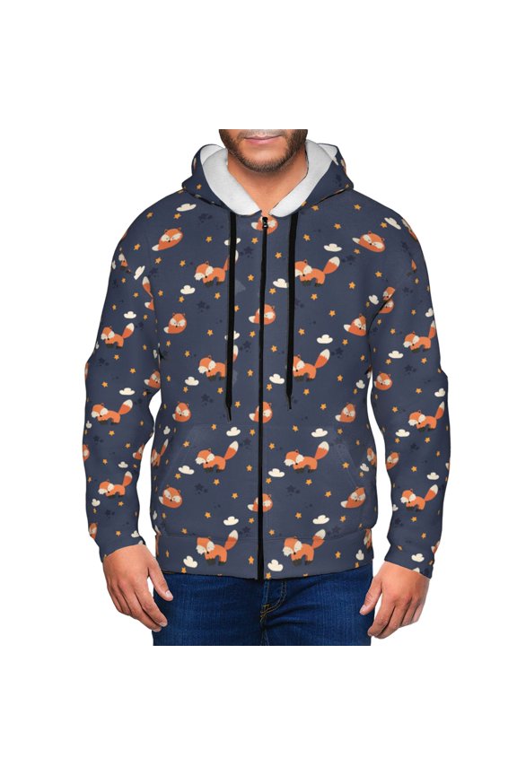 Cartoon Fox Mens Hoodies Zip Hoodie, Hoodies for Men, Zip-up Hooded Sweatshirt-Small