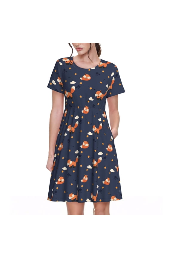 Cartoon Fox for Womens Summer 2025 Casual Midi Maxi Dresses Lightweight Short Sleeve Round Neck Beach Dress -Medium