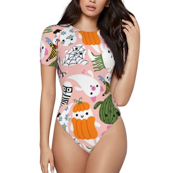 Vsdgher Cartoon Halloween Prinr Short Sleeve Body suit for Womens, Sexy Onesie One Piece Round Neck Bodysuit Shapewear Tummy Control-Small