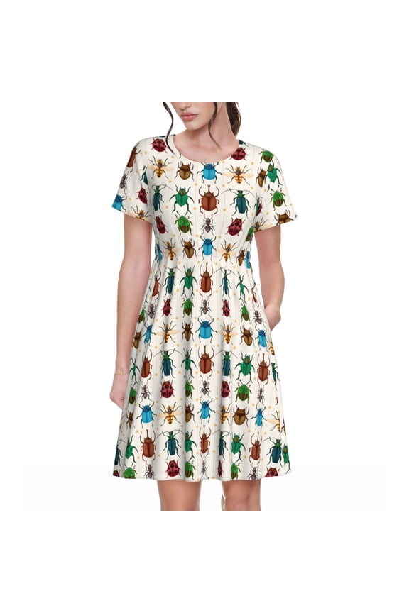 Cartoon Insects for Womens Summer 2025 Casual Midi Maxi Dresses Lightweight Short Sleeve Round Neck Beach Dress -X-Large