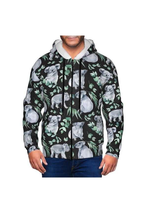Cartoon Koala Bear Mens Hoodies Zip Hoodie, Hoodies for Men, Zip-up Hooded Sweatshirt-Large