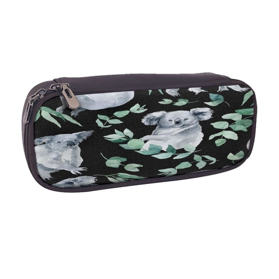 Vsdgher Cartoon Koala Bear Print Pen Case Leather Pencil Pouch Markers Holder Big Capacity Bag with Zippered Pocket for Stationery Tool