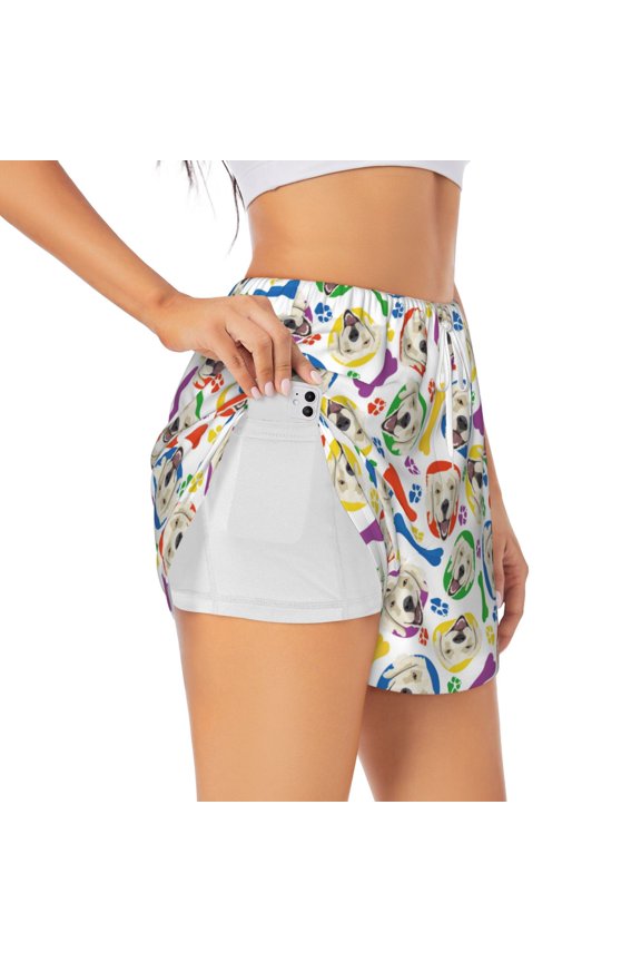 Cartoon Labrador Retriever Print Women's Running Double Layer Shorts High Waisted with Pockets Elastic Yoga Workout Athletic Gym Sports