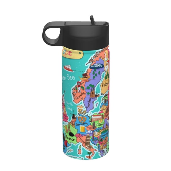 Vsdgher Cartoon Map Of Europe for Insulated Stainless Steel Water Bottle,18oz Sports Water Bottle Stainless Steel Reusable Tumbler for Sports, Travel, and School