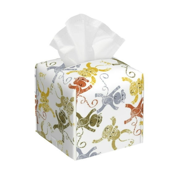 Vsdgher Cartoon Monkey Pattern Tissue Box Cover Holder, Square with Bottom Belt by Leather Decorative Organizer for Tabletop, Bathroom, Car, Office