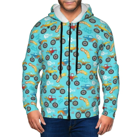 Vsdgher Cartoon Monster Truck Mens Hoodies Zip Hoodie, Hoodies for Men, Zip-up Hooded Sweatshirt-