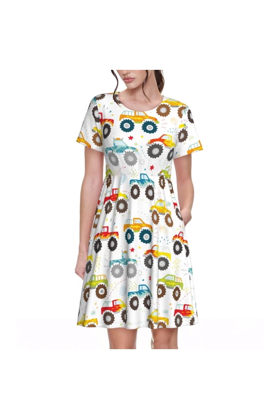 Cartoon Monster Trucks for Womens Summer 2025 Casual Midi Maxi Dresses Lightweight Short Sleeve Round Neck Beach Dress -Medium